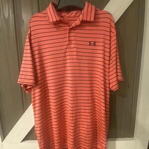 Under Armour “The Playoff” Peach w/ Navy Stripes Golf Polo Shirt - Large